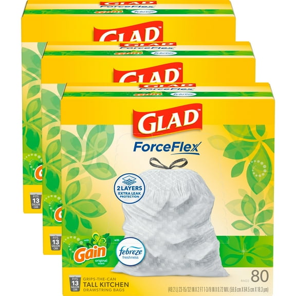Glad ForceFlex Tall Kitchen Drawstring Trash Bags, 13 Gallon, Gain Original with Febreze Freshness, 80 Count, Pack of 3