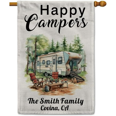 Personalized Happy Campers RV Flag Custom Family Name Camping Yard Flags Welcome to Our Campsite Outsite Large Flag for Travel Trailer Campfire Party Gift Style 4 Garden flag for outside 12*18 Inch