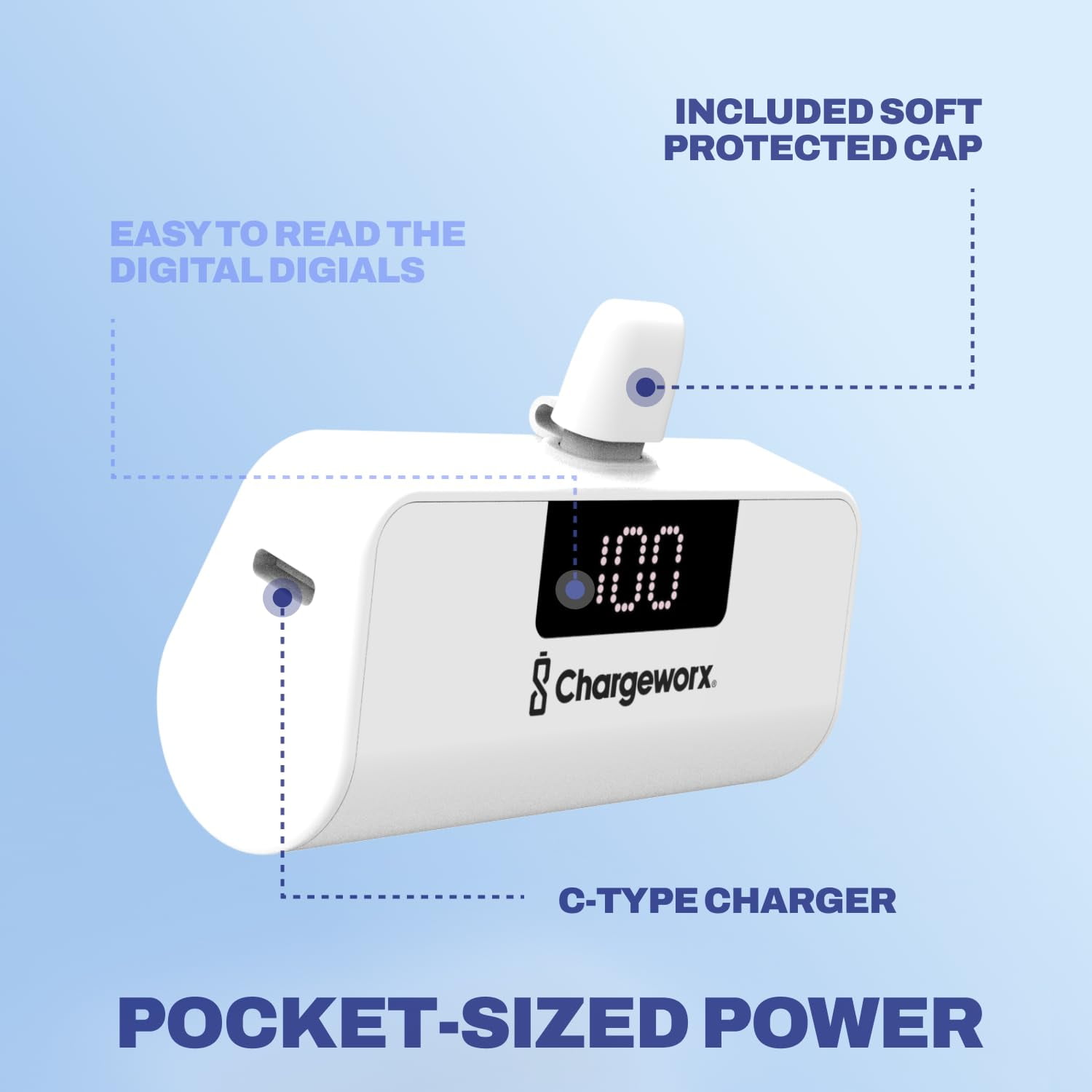 CHARGEWORX Mini Portable Charger Power Bank with Built-in USB-C Connector, LCD Display for Battery, 5000mAh, Fast Charging, Small & Compact Design