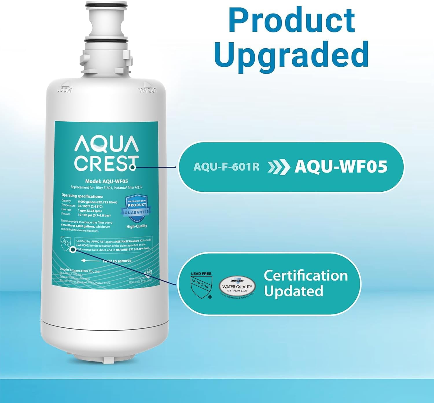 AQUA CREST F-601R Water Filter Cartridge, Replacement for InSinkErator® F-601R Filter Cartridge, NSF/ANSI 42 Certified for More Pure Enjoyment, 2 Pack