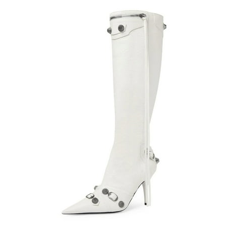 

FSJ Women Sexy Stiletto Heel Knee-High Boots Pointed Toe Rivets Studded Tassel Fashion Boots Side Zipper Party Dressy Shoes Size 11 White