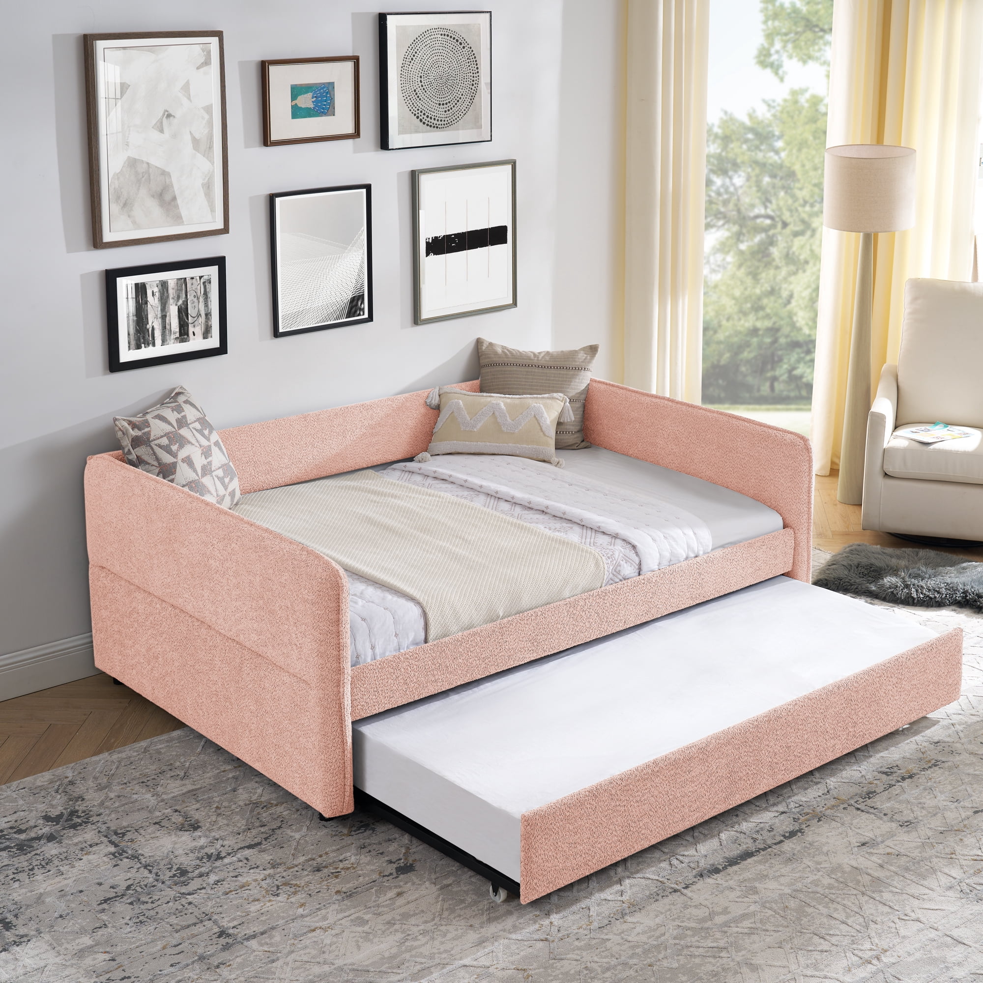 Mintazer Full Upholstered Daybed with Trundle, Boucle Fabric Sofa Bed for Living Room & Bedroom, Pink