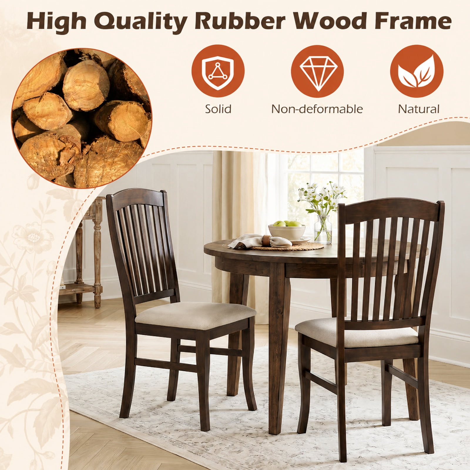 Furnibear Mid Century Kitchen Side Chairs Set of 2 Armless Dinette Dining Chairs with Rubber Wood Frame and Curved Legs, Coffee