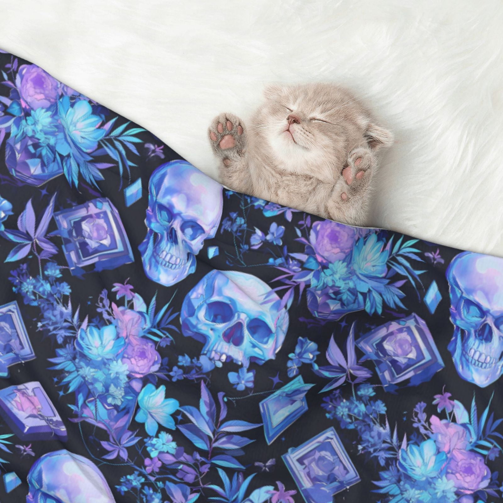 Naloa Skull blue crystal flower Dog Blanket, 3 Sizes Cat Blanket for Indoor Cats Large Medium Small Dog Gifts-