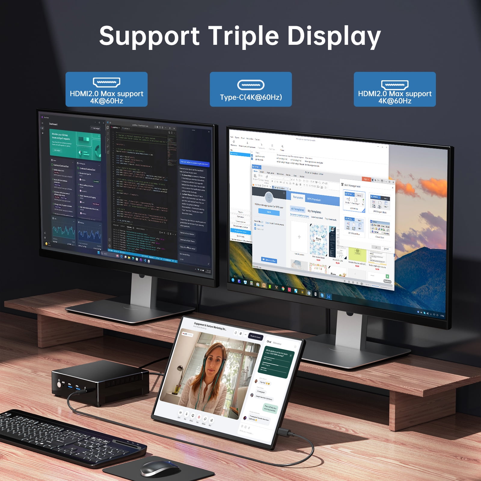Kinupute Mini Gaming PC with AMD Ryzen 7 7840HS, Upto 5.1GHz, Desktop Computer with 64G DDR5, 1T M.2 PCIE4.0 SSD, Windows 11 Pro, 2XHDMI/USB-C Port, 4K Triple Display, Dual LAN(1x2.5G), WiFi6E/BT5.3