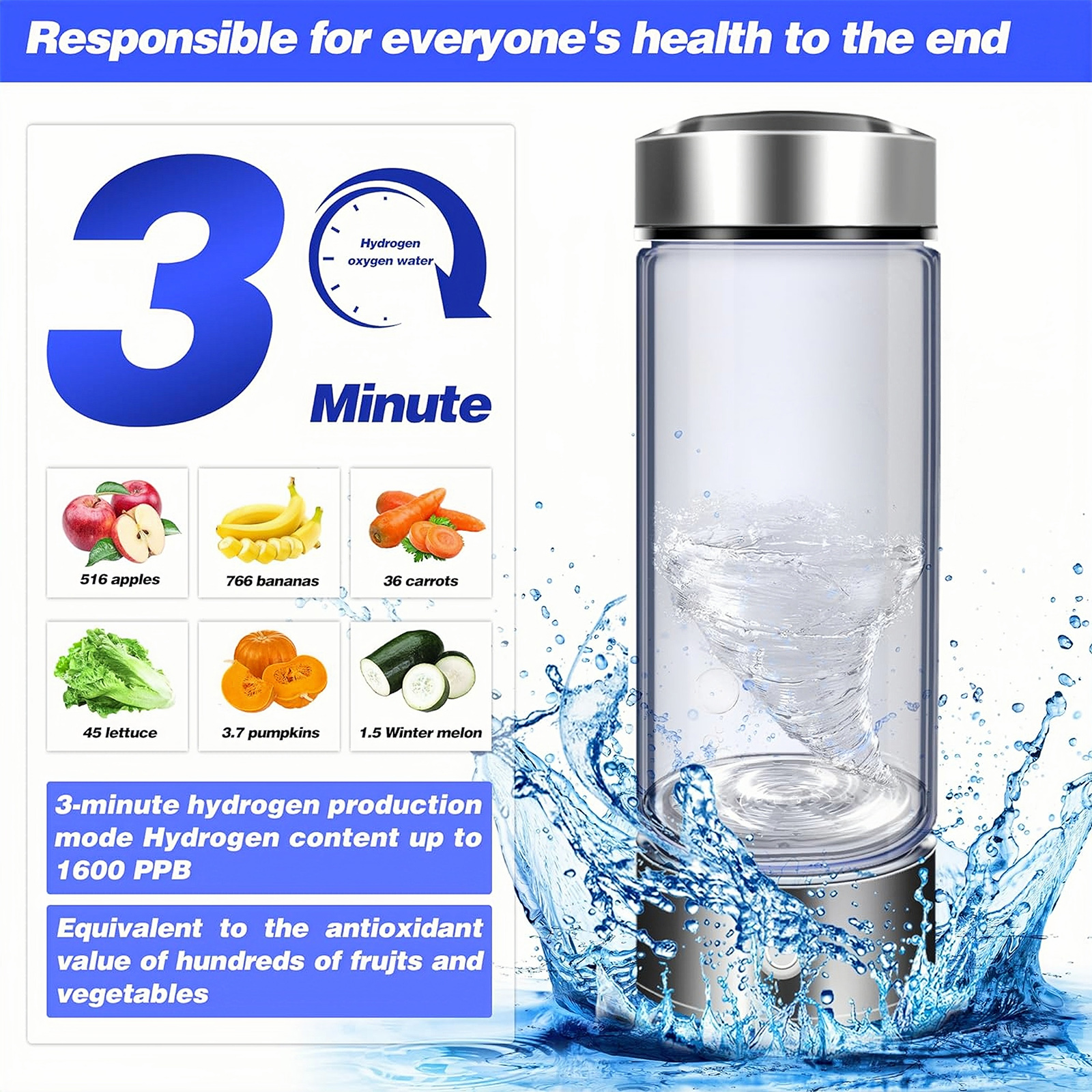 BITOUSHI Hydrogen Water Bottle Portable Hydrogen Water Ionizer Machine Hydrogen Rich Water Cup Generator with New SPE PEM Technology Water Glass for Office Home Travel Drinking - Silver