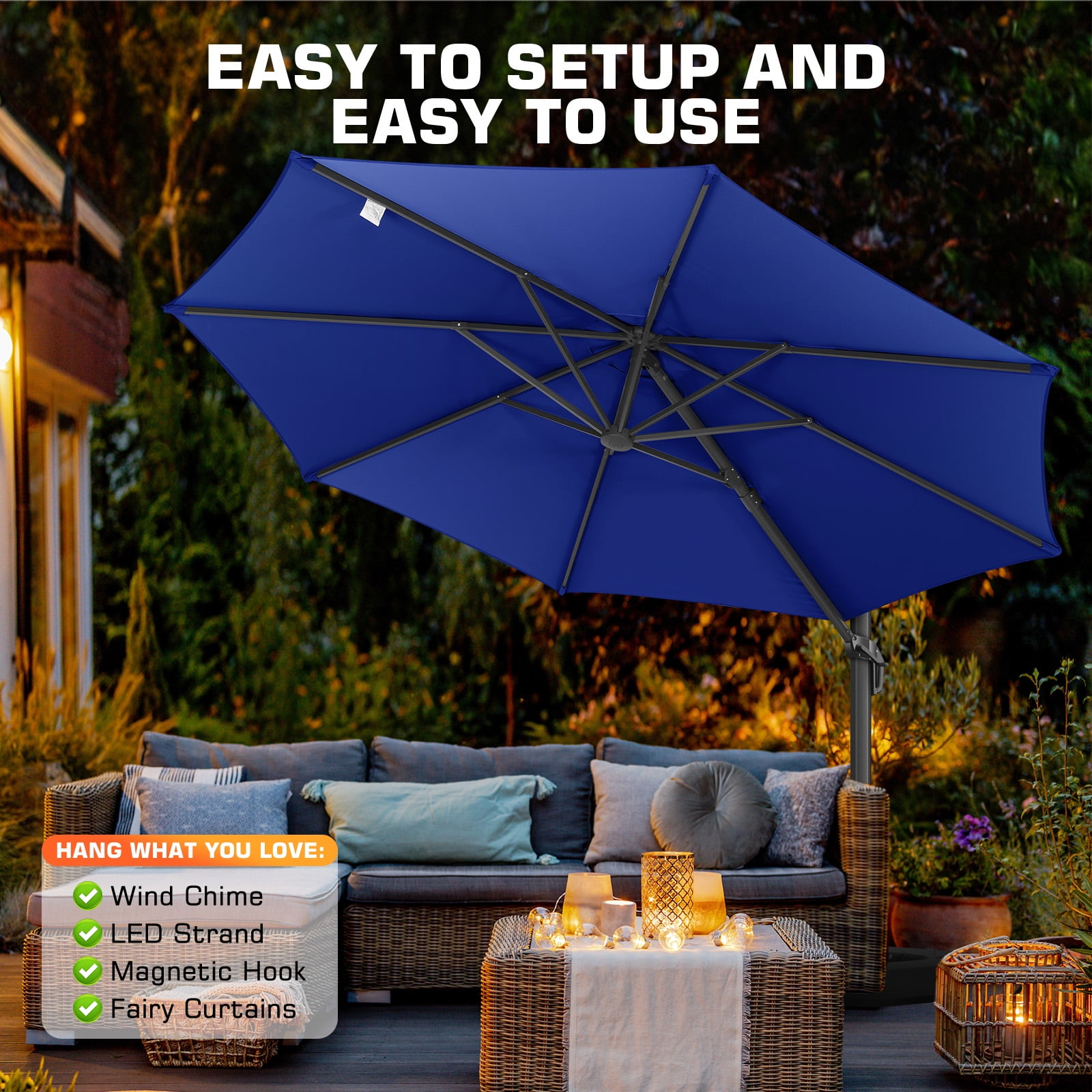 SANOPY 10ft Cantilever Patio Umbrella Outdoor Patio Umbrella, 360 Degree Rotation Steel Market Patio Umbrella with Steel Base, Crank, Tilt Button, Deep Blue