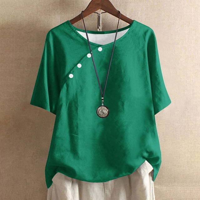Meichang Linen Shirts for Women Button Up Crew Neck T Shirts Solid Color Cotton Linen Tops Plus Size Short Sleeve Tees Lightweight Summer Tops