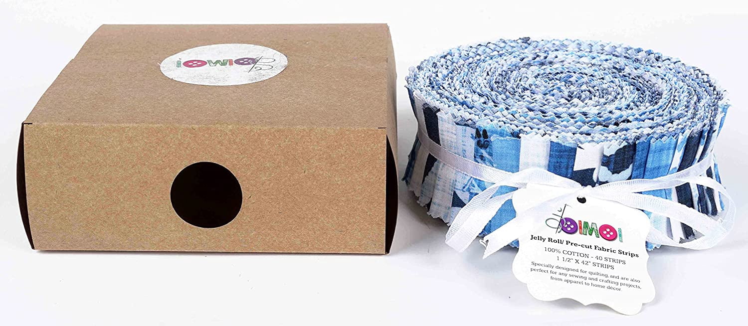 Soimoi 40Pcs Block Print Precut Fabrics Strips Roll Up 1.5x42inches Cotton Jelly Rolls For Quilting - Blue
