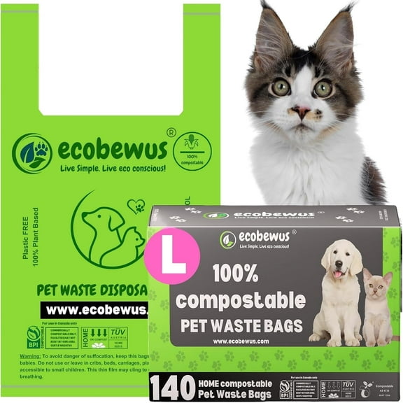 100% Compostable Pet Waste Disposal Bag (140 ct.) Plant-Based Biodegradable Cat Litter Poop Waste Pick-Up Bags with Handles Dog poop Bags Disposable Compost Food Scrap Liners (140 ct.)