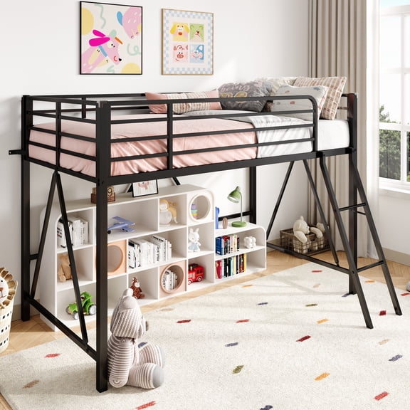 Sha Cerlin Twin Size Metal Low Loft Bed, Soft Bumper Edges with 14" Guardrail & Angled Ladder, Space-Saving for Dormitory and Bedroom, Black