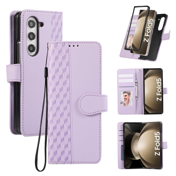 Designed for Samsung Galaxy Z Fold 3 Case Wallet,Flip Folio Cover with Embossed PU Leather Soft Inner Case Stand RFID Blocking Credit Card Holders Slots with Wrist Strap Shockproof Phone Case,Purple