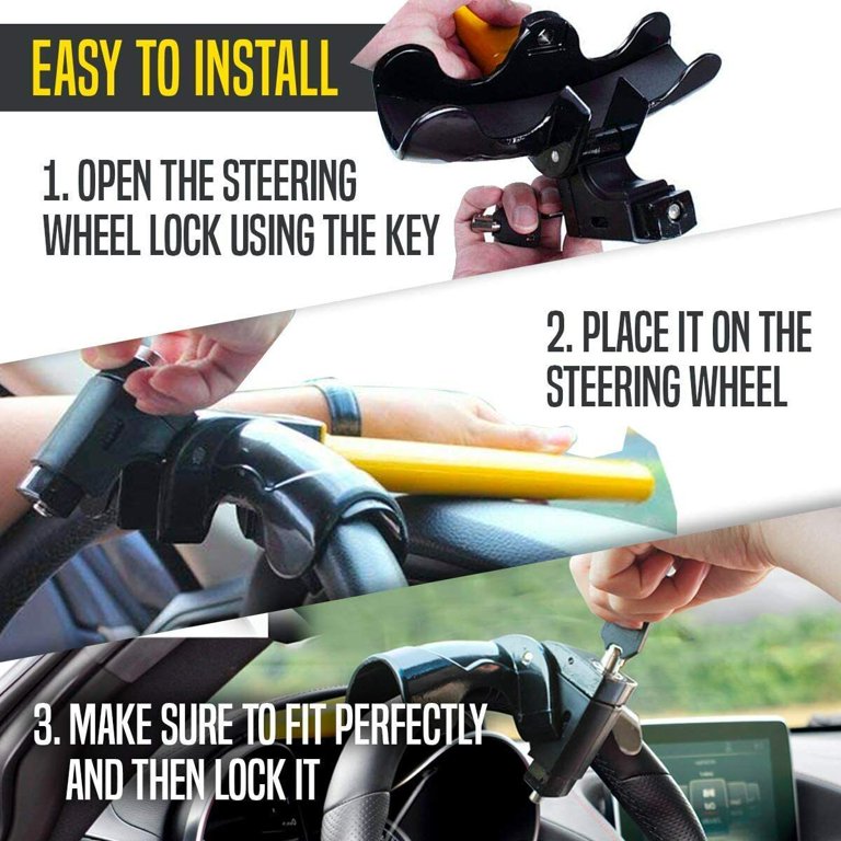 Universal Car Anti-Theft Steering Wheel Lock – Rotary Security Lock With Yellow/Black Finish 3 thumbnail image