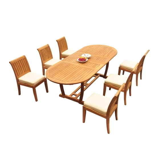 Grade-A Teak Dining Set: 6 Seater 7 Pc: 94" Mas Oval Trestle Leg Table And 6 Lagos Armless Chairs Outdoor Patio WholesaleTeak #WMLG26