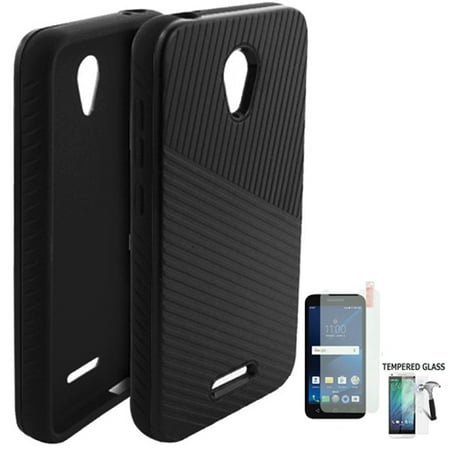 Case for Tracfone Alcatel Raven A574BL, Alcatel IdealXcite (AT&T), Alcatel CameoX, Alcatel Verso Tempered Glass with Embossed Lines Cover ( Lines Black-Black/ Tempered Glass)