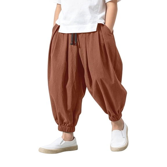 Hihipz Boys Cotton Linen Harem Pants Relaxed Cut Elastic Waist Lightweight Pants Summer Casual Bottoms