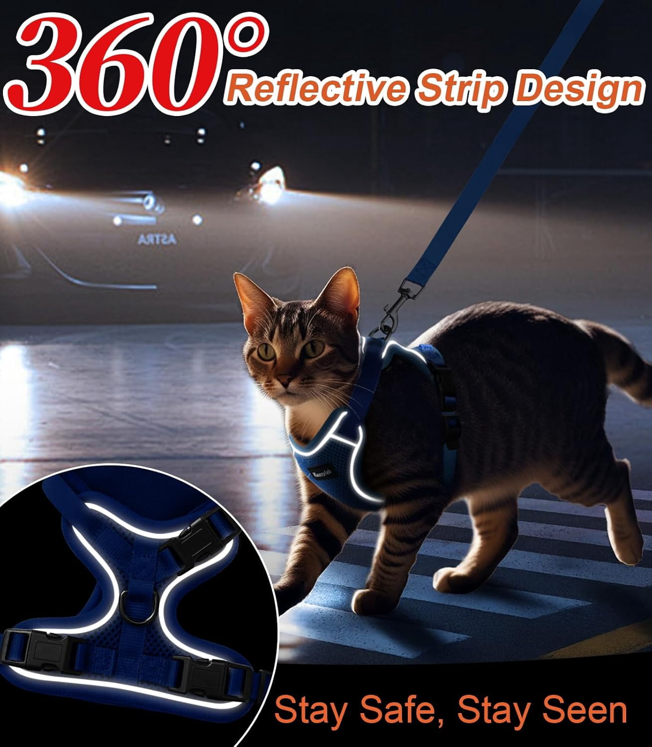 Cat Harness and Leash for Walking Escape Proof Soft Adjustable Cat Leash Breathable Comfortable Vest Easy to Wear Kitten Harness for Outdoor Travel (Blue, XS (4-6lb))