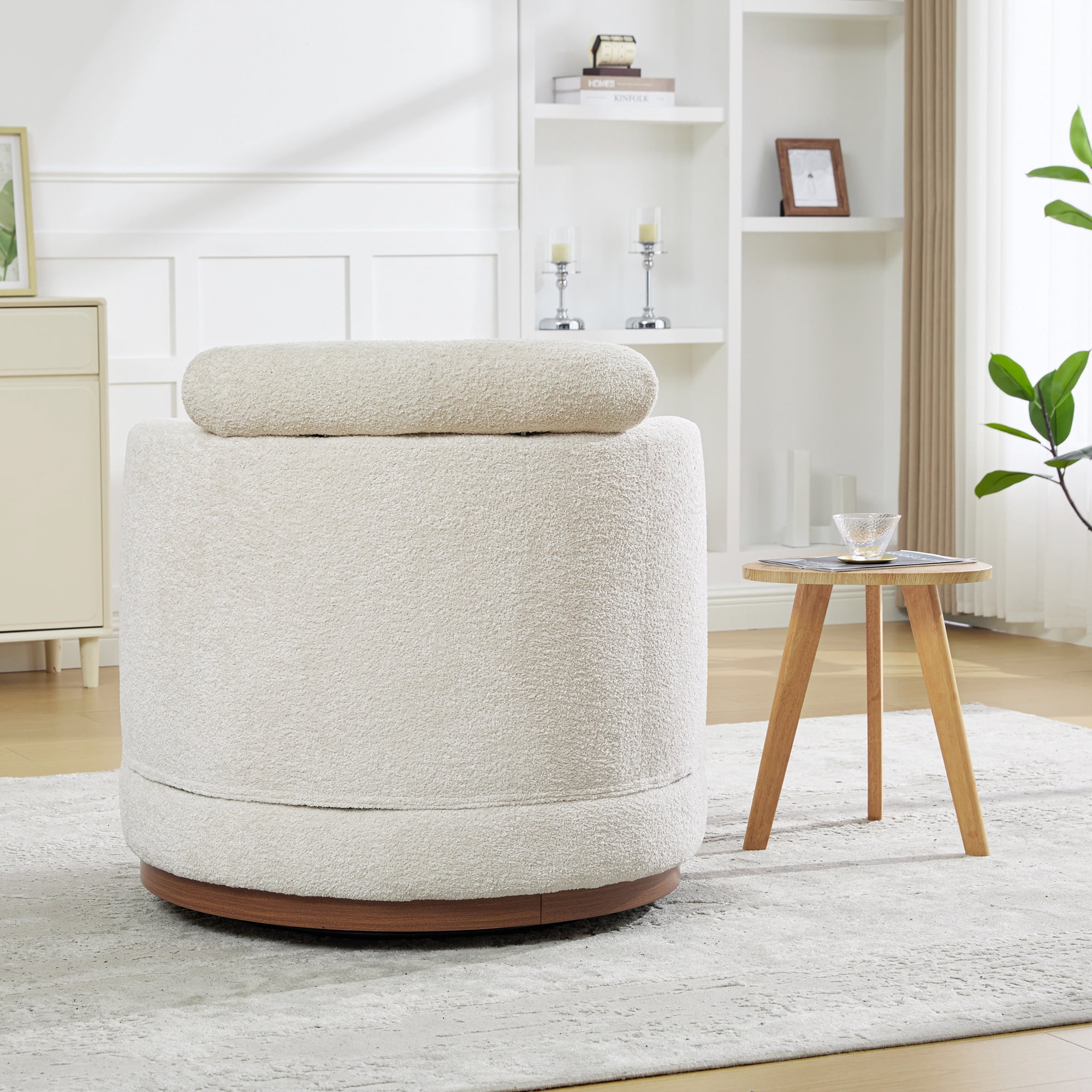 Leumius 360°Swivel Barrel Chair with 1 Plump Pillow and a Circular Wooden Base Ring, Round Chair with Removable Cushion for Living Room Bedroom Apartment,Beige
