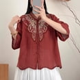 thumbnail image 4 of Olyvenn Women's Summer Linen Blend Embroidered Stand Collar Shirt, 3/4 Sleeve Loose Breathable Daily Blouse Red XXL, 4 of 7