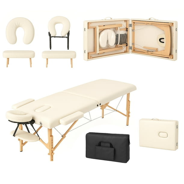 Cama de Masaje Acolchada Plegable Tipo Portafolio de Altura Ajustable con Estructura de Madera - Camilla Portatil para Masaje Fisioterapia Tatuajes Mediana Beige