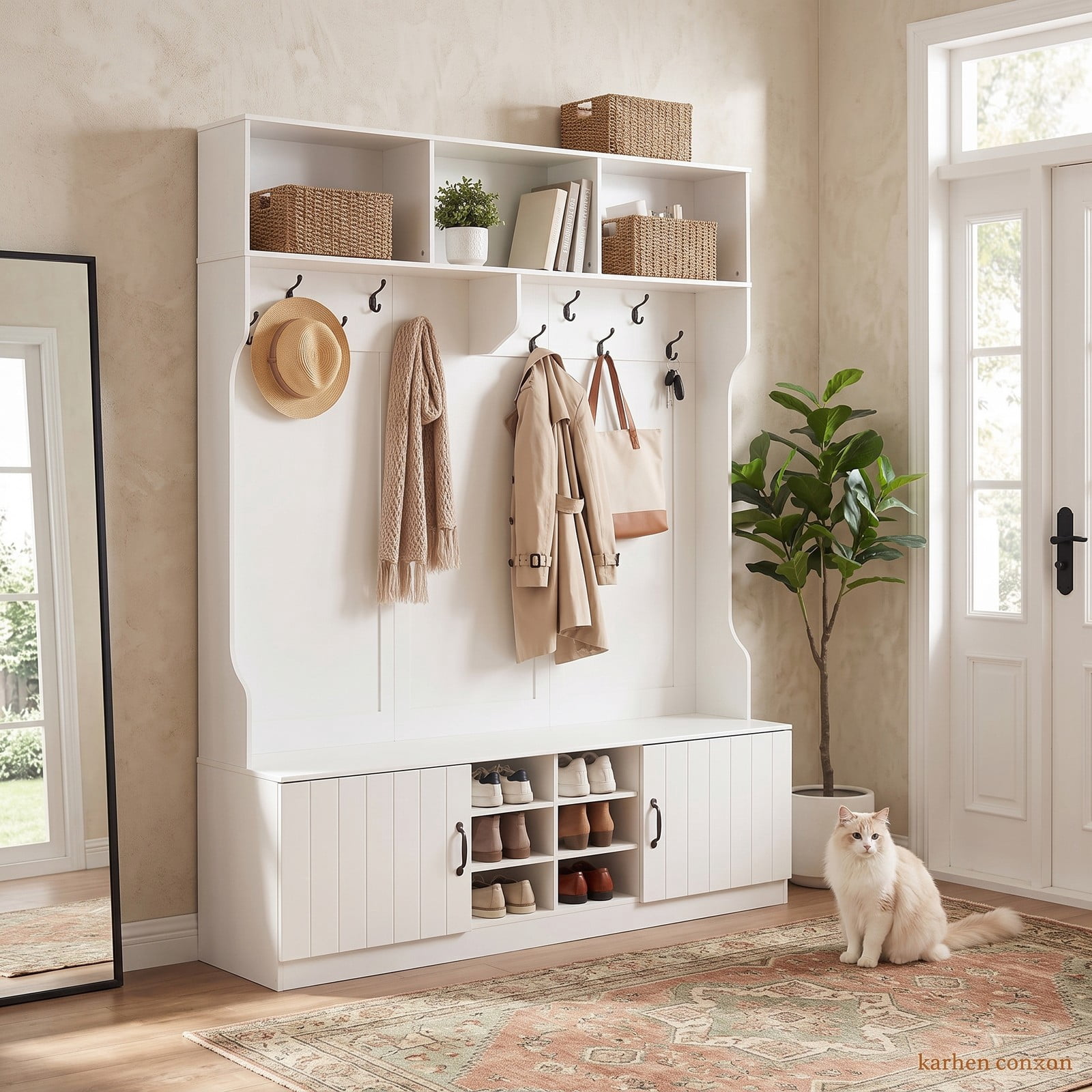 Furnibear 59 Inch Wide 6 in 1 Hall Tree with Bench Multiple Hooks and Shoe Cubby Storage for Mudroom Hallway and Bedroom, White