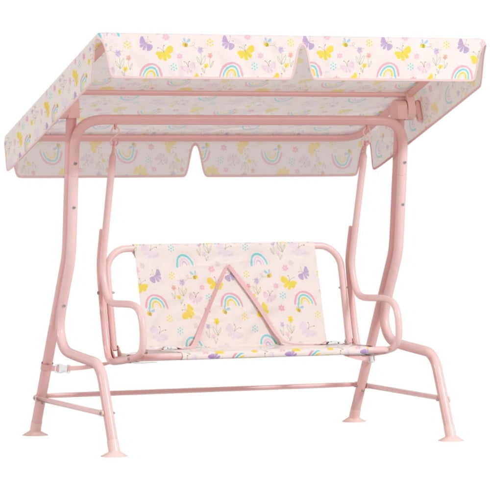 Pink Kids Swing Chair with Adjustable Canopy - Heavy-Duty Steel Frame, 132lbs Capacity for 3-6 Years Old