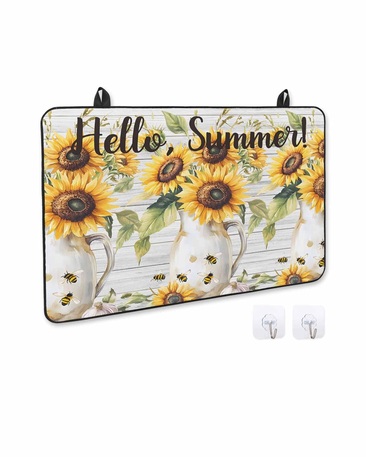 nqOlkjepod Large Induction Cooktop Protector Mat 24"x21", Sunflower Stove Top Covers for Electric Stove, Summer Bee Wildflower Vintage Grey Wood Grain Stove Burner Cover Mats, Glass Top Stove Cover