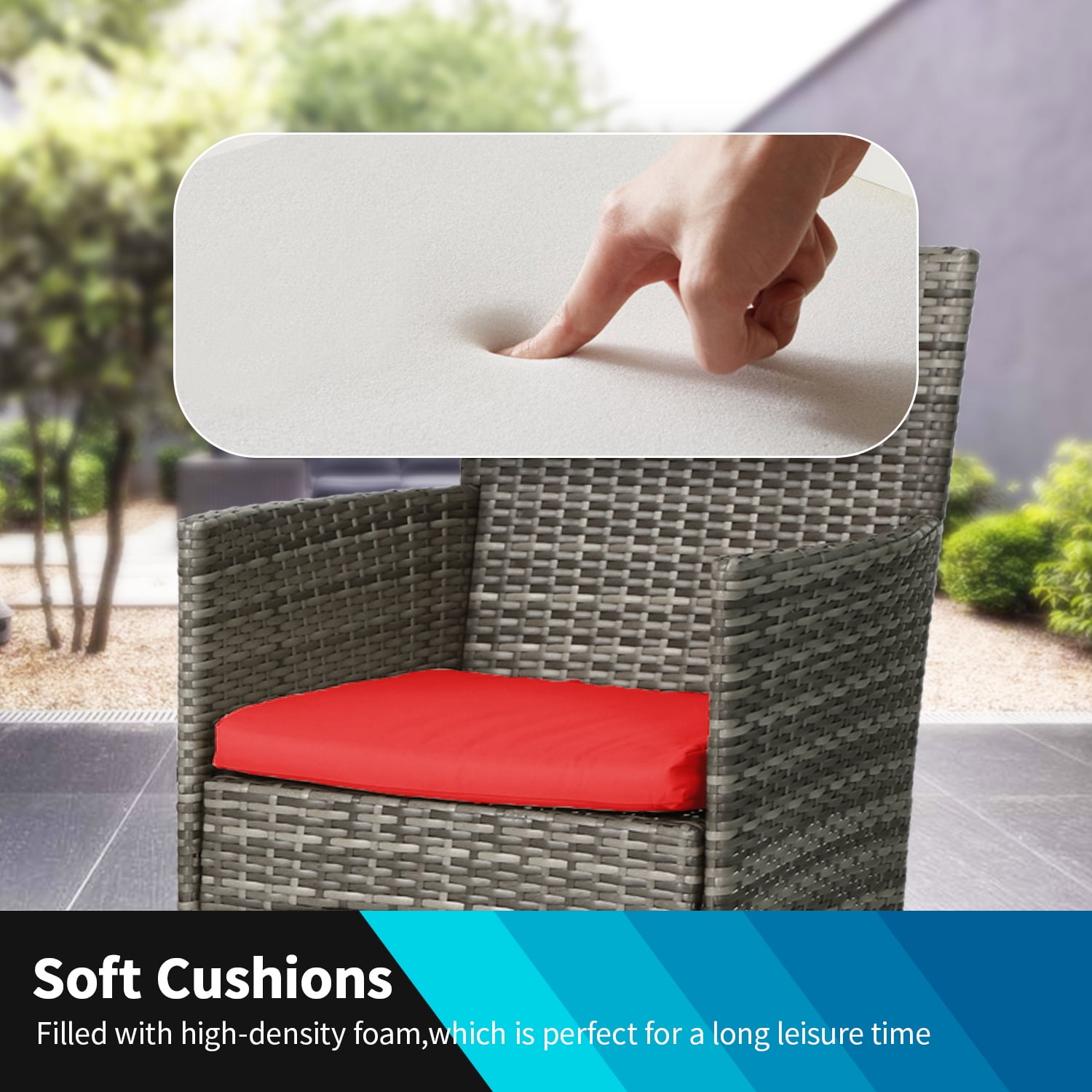 FDW 2-Piece Rattan Outdoor Conversation Sets with Thick Cushions, Gray/Red