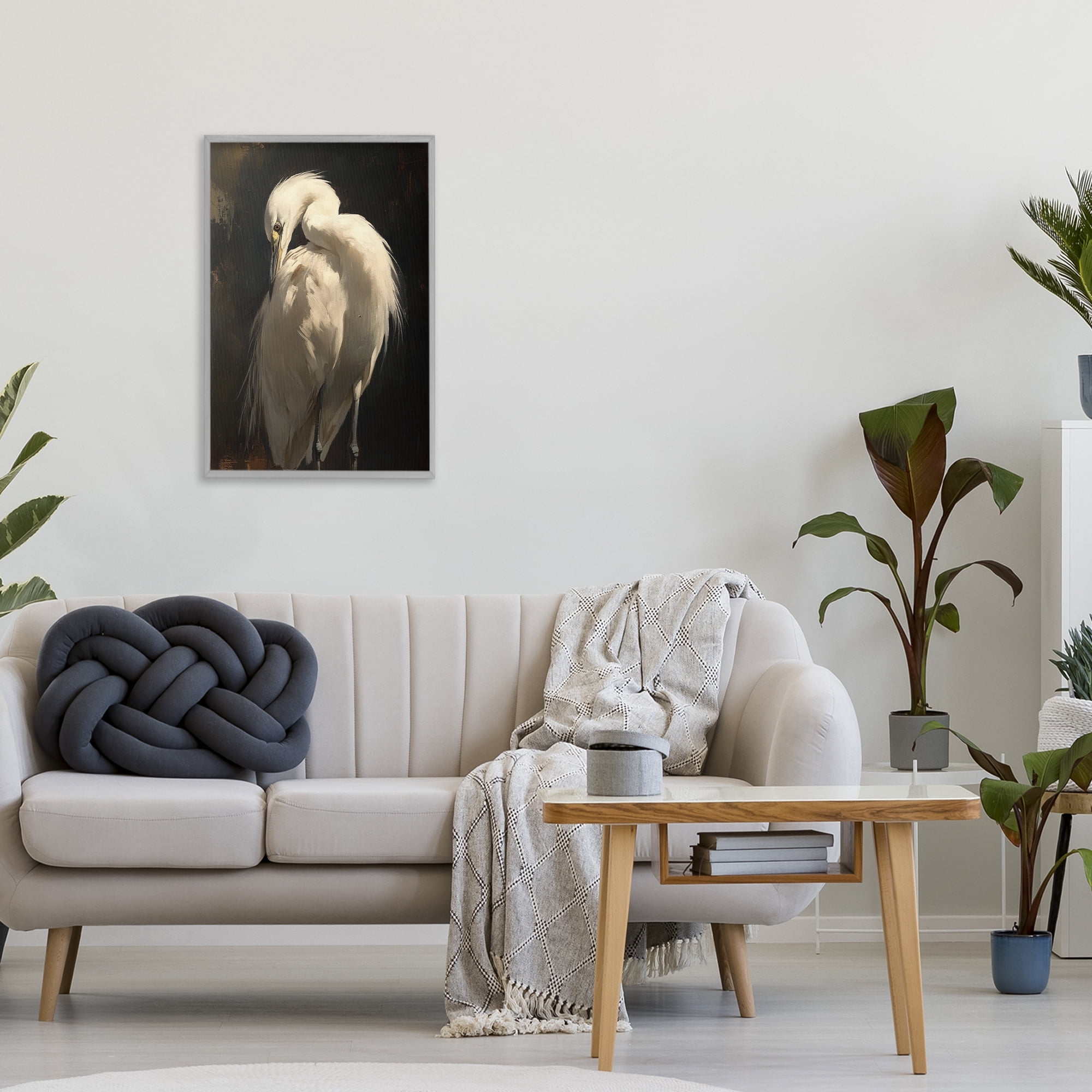 Stupell Industries Feathered Egret in Soft Light Gray Framed Giclee Art, design by Petal Prints Design