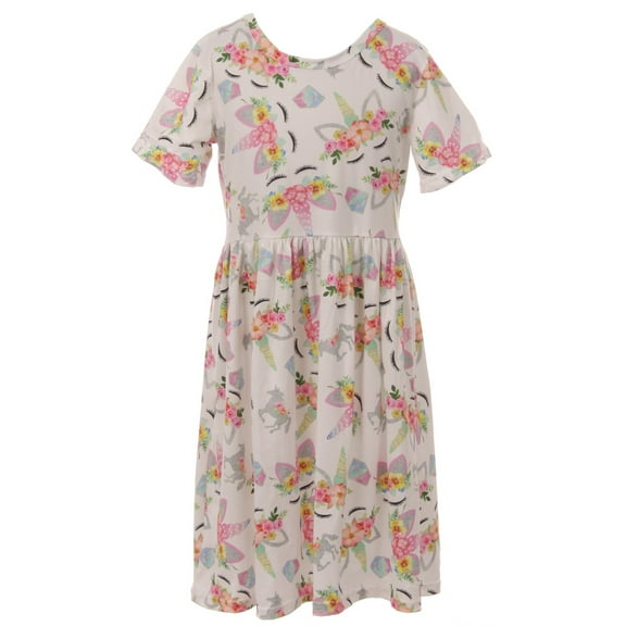 Toddler Girls Short Sleeve Floral Unicorn Birthday Party Flower Girl Dress Off White 2T XS (R385)