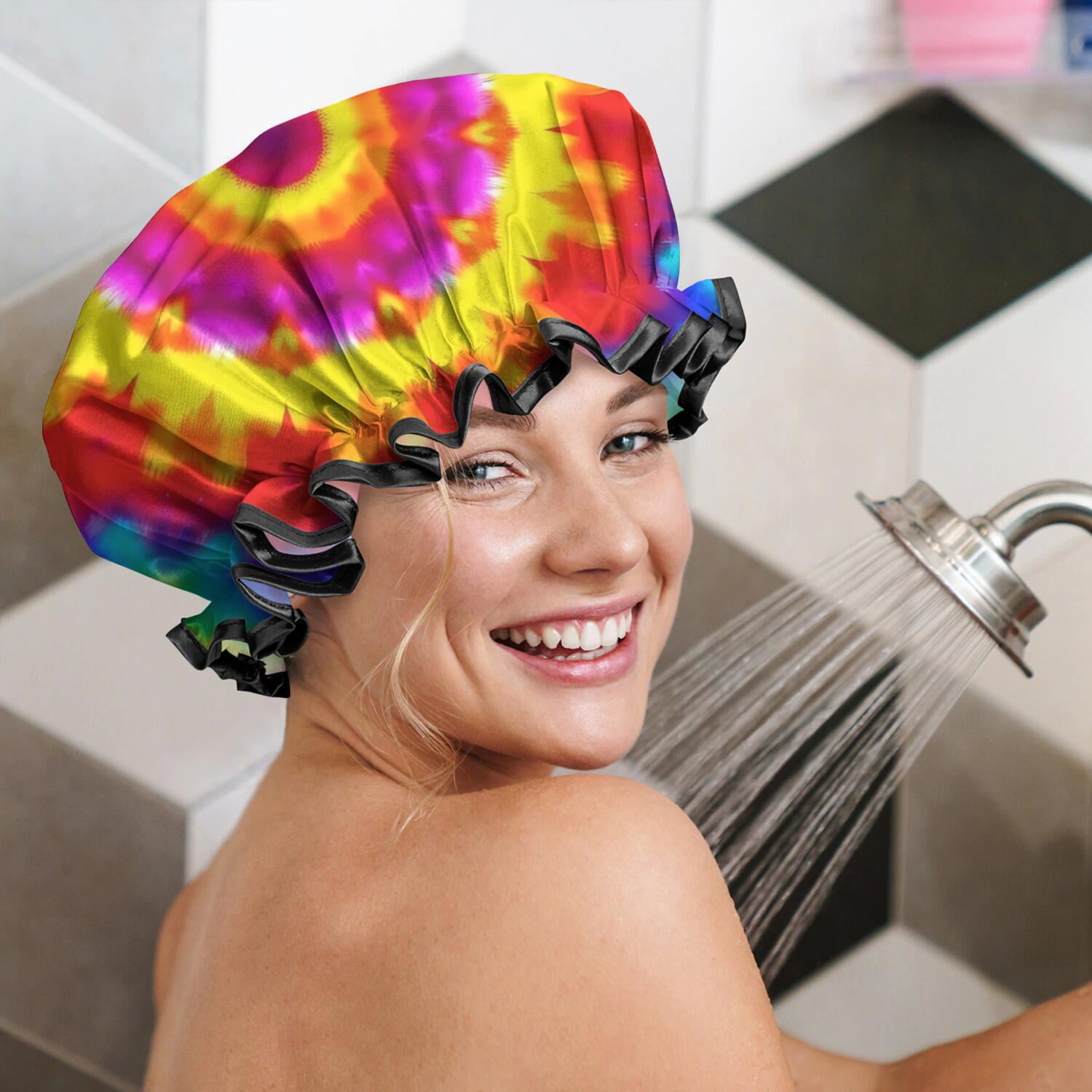 Shower Caps,Rainbow Tie Dye Mandala Pattern Waterproof Shower Cap for Women 4 Pieces,Double Reusable Hair Cover for Shower PEVA Elastic Stretch Hem