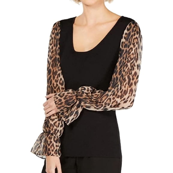 I-N-C Womens Animal Print Sleeves Pullover Sweater, Black, Small