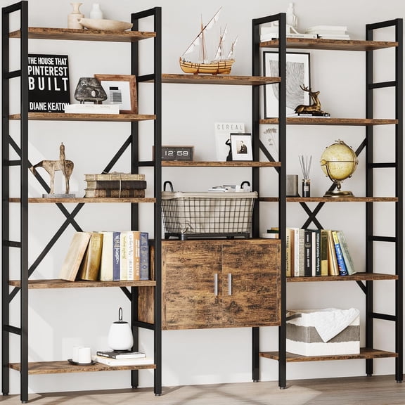 70" Triple 5 Tier Book Shelf, Large  Bookcase with Storage Cabinet, Tall Bookshelf with Open Display Shelves Furniture for Living Room Bedroom Home Office Rustic Brown