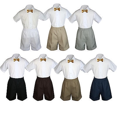 

3pc Set Boy Toddler Formal Party Gold Bow Tie White Navy Khaki Shorts S-4T