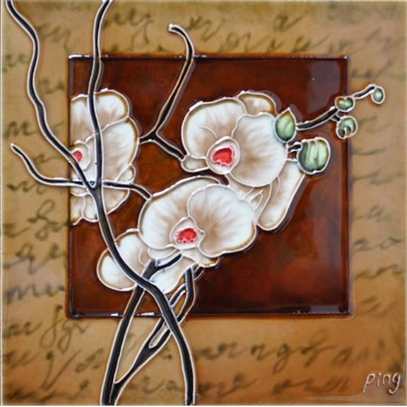 Continental Art Center  8 x 8 in. White Orchid With A Light Brown Frame Ceramic Art Tile