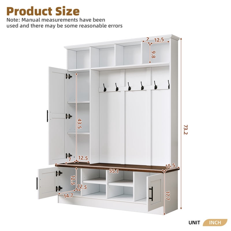 Farmhouse 3-in-1 Hall Tree with 6 Hooks, Versatile Storage Bench with Cabinets and Open Compartments, Entryway Coat Rack