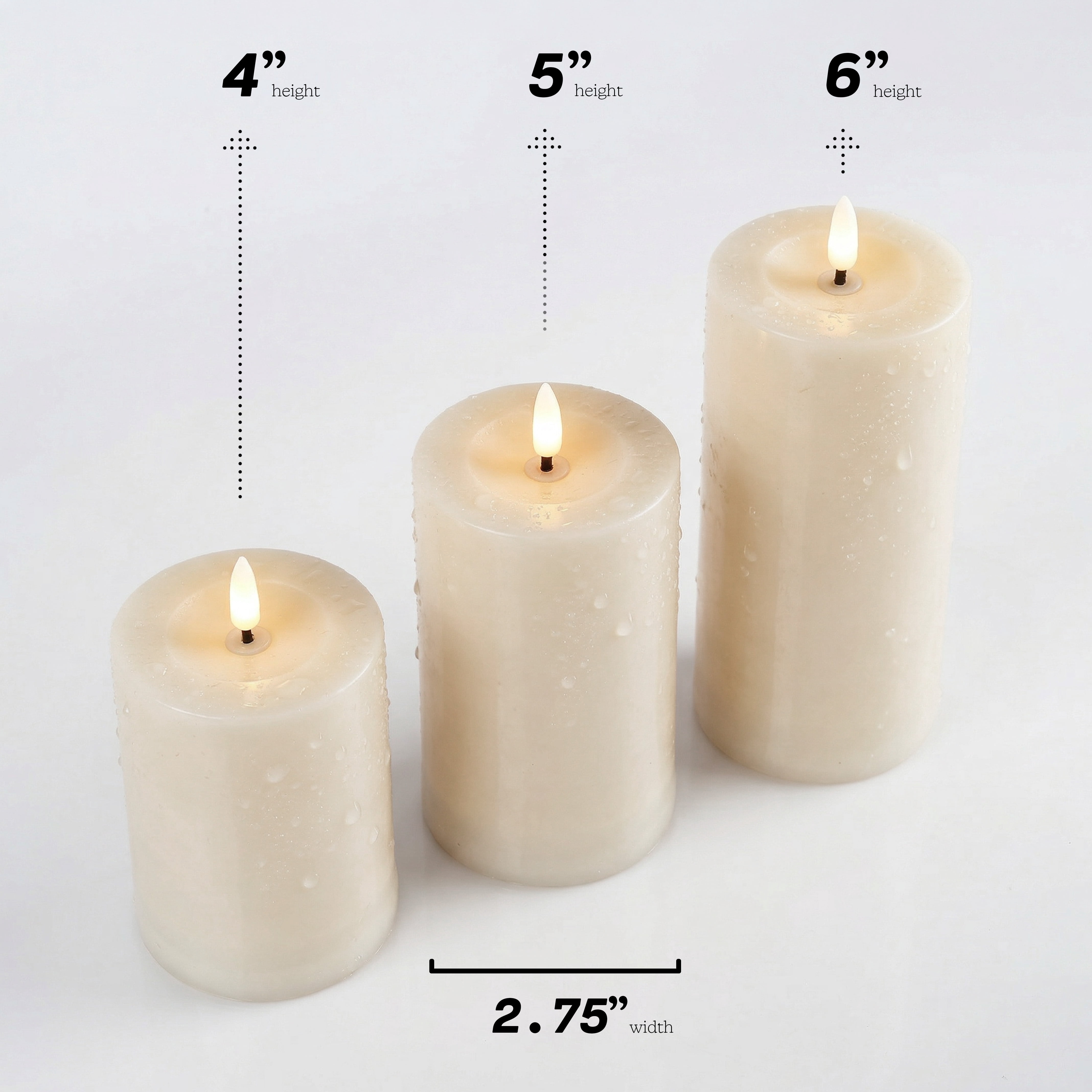 WYZworks Solar LED Flameless Pillar Candle Set of 3 – Ivory Outdoor Rechargeable Lights with Warm Flickering Wick, Weather-Resistant, Auto Dusk-to-Dawn (4", 5", 6")