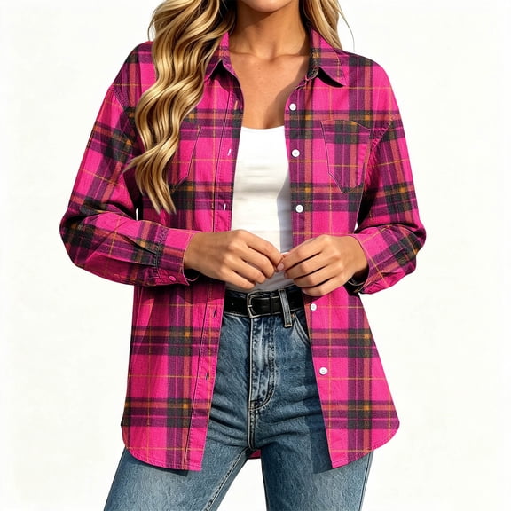 Akmaiox Plaid Shirts for Women Long Sleeve Button Down Business Casual Shirts with Pockets Loose Fitted Daily Going Out Tops for Women