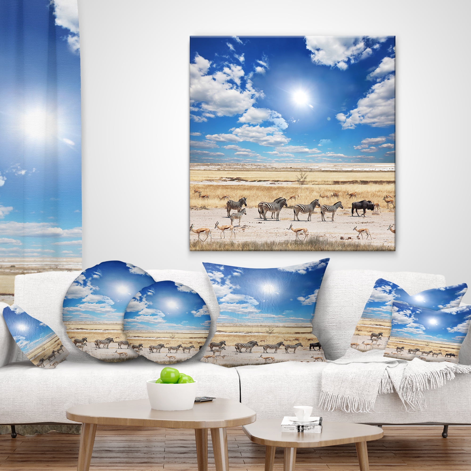 Designart Wandering Zebras under Bright Sky - Landscape Printed Throw Pillow - 12x20