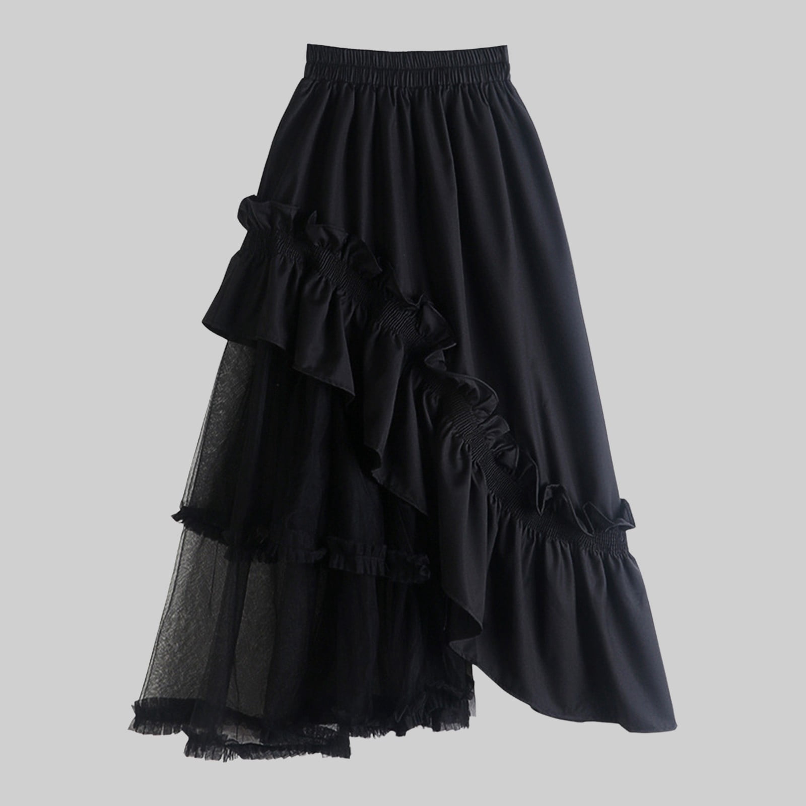 vigerkar Womens Elastic Waist Irregular Ruffle Long Skirt High