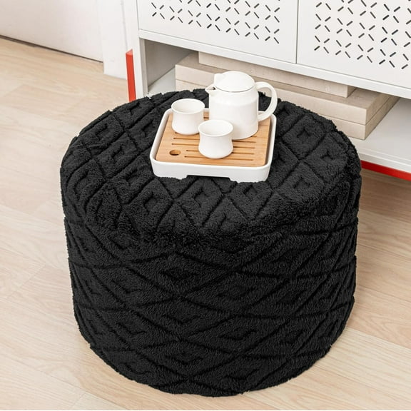 Fluffy Round Ottoman Pouf with All-in-One Foam Filling 20" x 14" Furry Ottoman Foot Rest Foot Stool for Living Room or Bedroom (Burnt Orange)