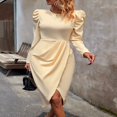 thumbnail image 3 of Robe Midi pour Femmes Manches Longues Col Rond Fendue Robe d'Automne, 3 of 8
