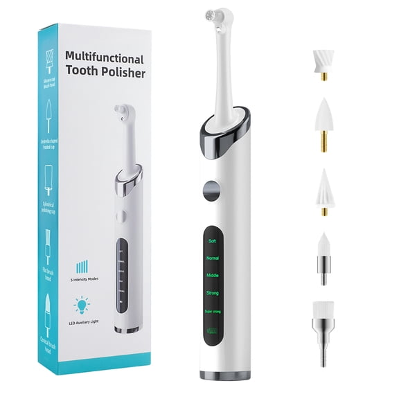 Tooth Polisher Kit, Whitening Polishing Dental Teeth Cleaner, Plaque Remover Teeth Cleaning Tool with LED Light, 5 Cleaning Modes, 6 Brush Heads, 1200mAh Battery for Dental Care