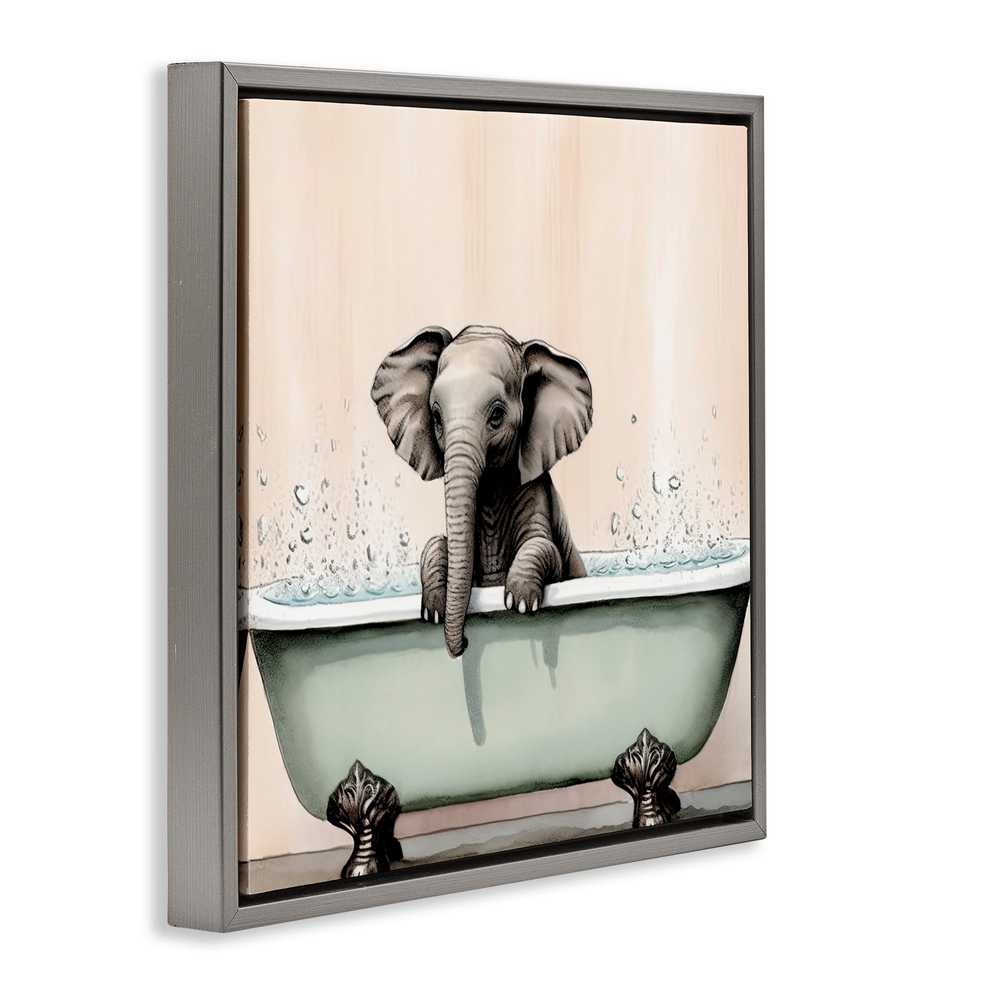 Baby Elephant Bathtime Gray Framed Floater Canvas Wall Art, design by Sasha