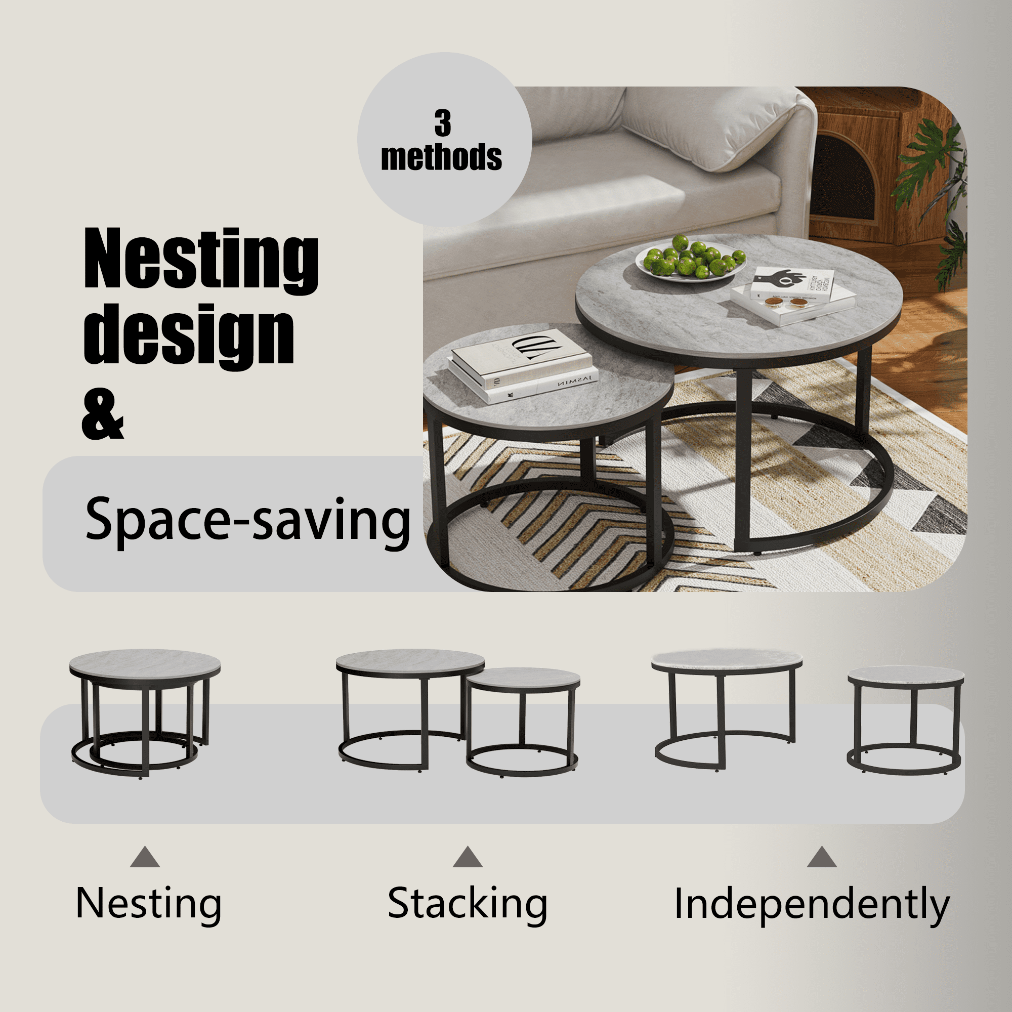 Glory Patio Nesting Coffee Table Set of 2 Pieces, Art Deco, Tempered Glass, Black