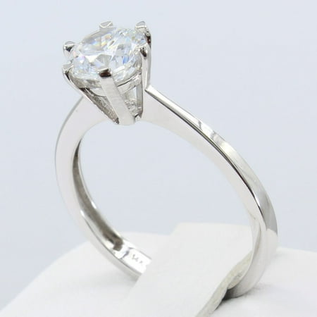 Prong Set Solitaire Ring - 1.00 Ct 14K Real White Gold Cathedral Set Classic 6 Prong Round Solitaire Engagement Propose Promise Ring