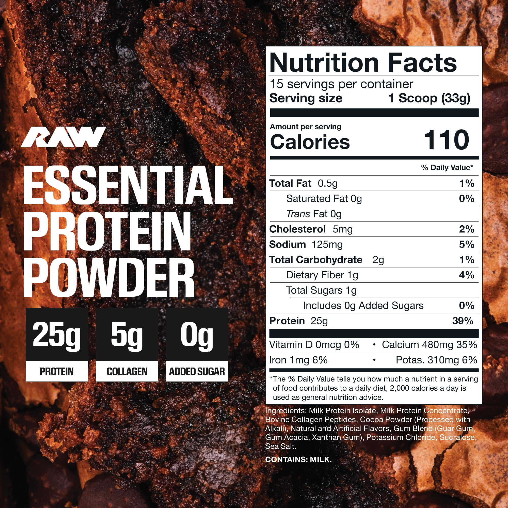 RAW Nutrition Essential Protein Powder, 25g Protein, Fudge Brownie, 15 Servings