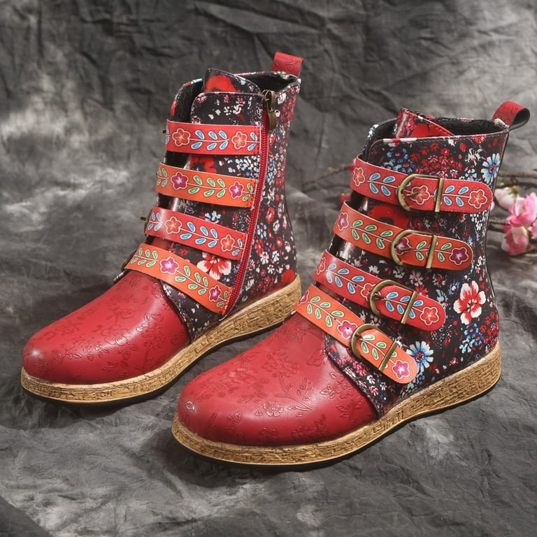 Herrnalise Vintage Red Boots Large Printed European and American Style Leather Boots clearance under 10