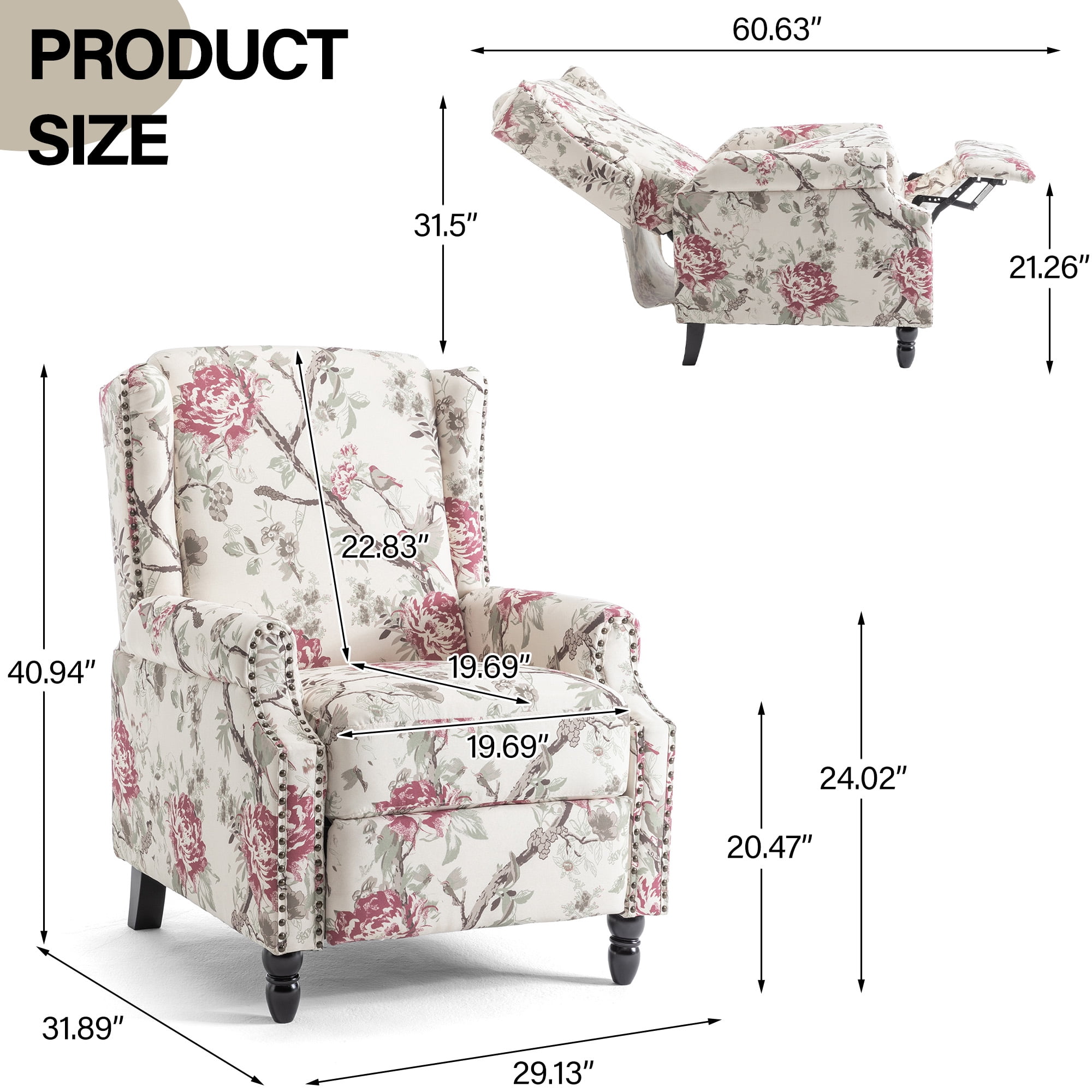 DREAMSIDEA Push Back Recliner Chair Set of 2 Living Room, Wingback Reclining Sofa Chair, Fabric Floral Recliner Reading Chair with Footrest for Living Room/Office/Apartment, Floral