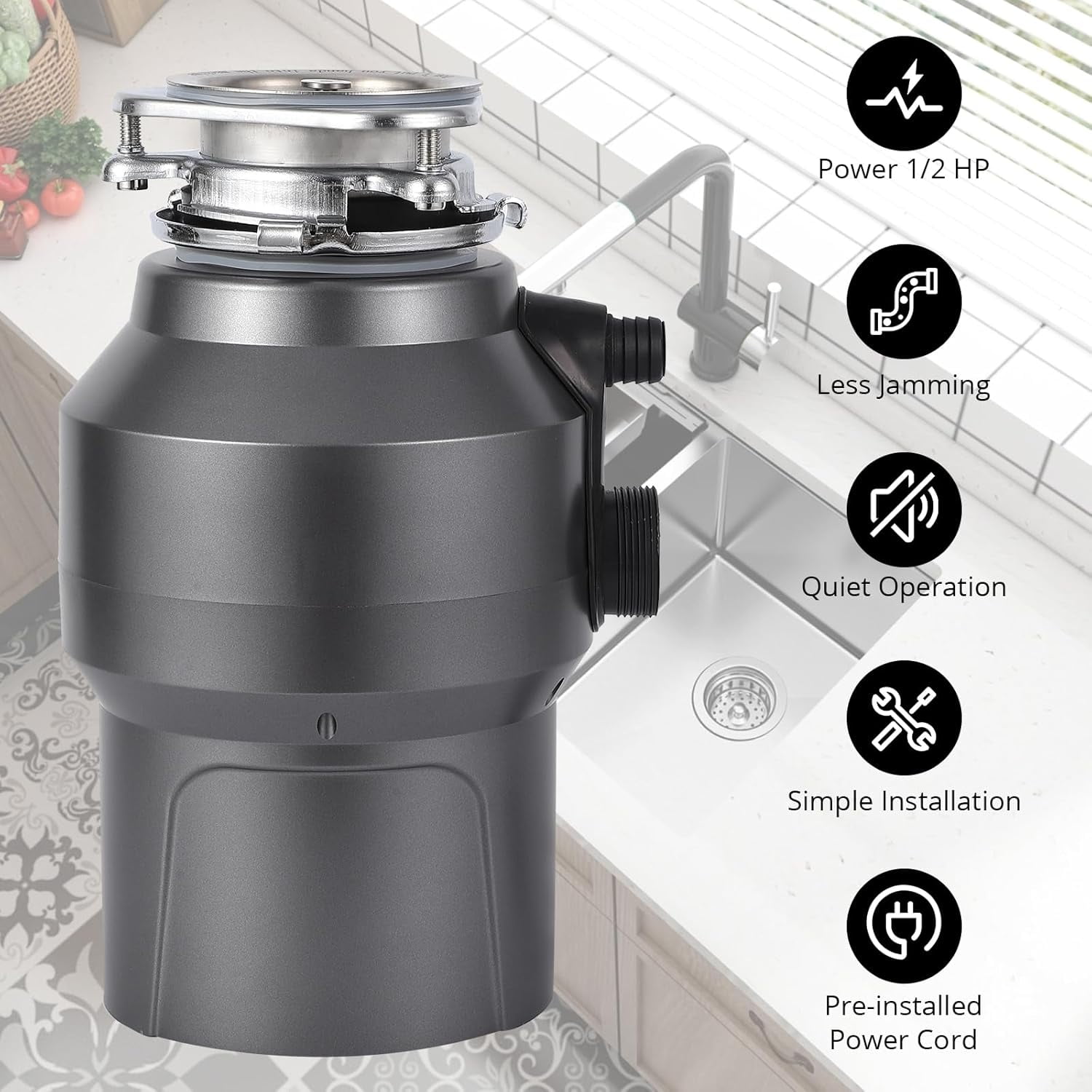 ChaoLink 1/2HP Garbage Disposal, 380W 110V Food Waste Disposer, Continuous Feed, 14" Cord, 3500RPM, Wireless Switch